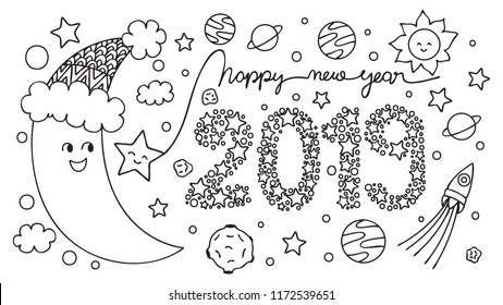 Hand drawning of the cute moon enjoy celebrating new year 2019 with the stars, for design element and coloring book page for anti stress.Vector illustration