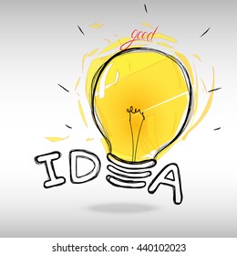 Hand drawning.Good idea inscription,lamp with yellow light.Vector illustration.