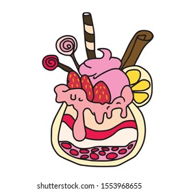 Hand drawn.Meal.In a glass glass pink ice cream with cinnamon stick and 3 strawberries
