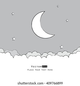 Hand drawn.Moon and stars in the clouds.
