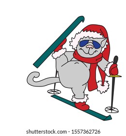 Hand drawn.Rest. Cheerful cat in a red hat scarf riding on green skis with a raised leg.
