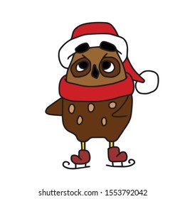 Hand drawn.Rest. Cheerful Owl in a red hat and scarf, skating.