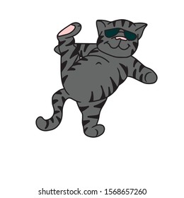 Hand drawn.Rest. Funny grey cat with black stripes in dark glasses standing with a raised leg.