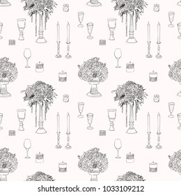 Hand drawnseamless pattern with flowers and decorations. Wedding invitation with linear graphics. Monoline illustration. Minimalistic design for wedding card. Black and white.