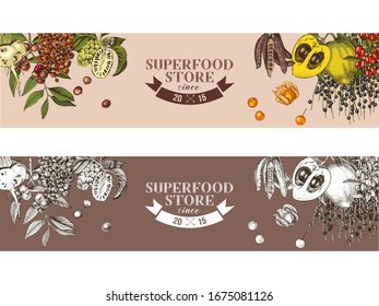 Hand drawnstore banners with superfood plants. Vector illustration in retro style. Design template. Great for package design