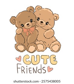 Hand DrawnTwo Cute Retro Teddy Bears Vector Illustration Kids Print