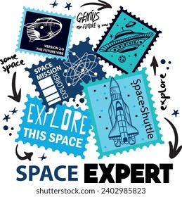 Hand drawnTypography space print with  space rockets, planets, stars. Space background