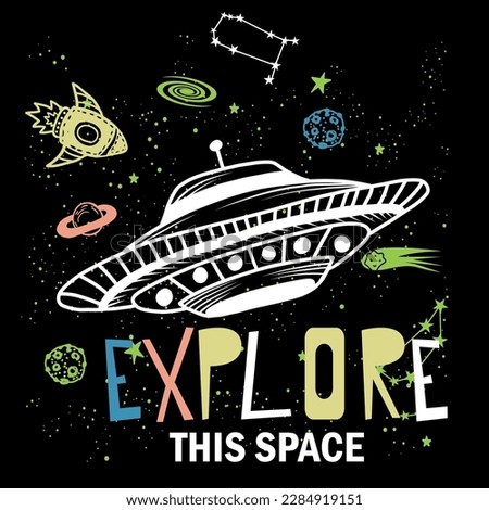 Hand drawnTypography space print with  space rockets, planets, stars. Space background
