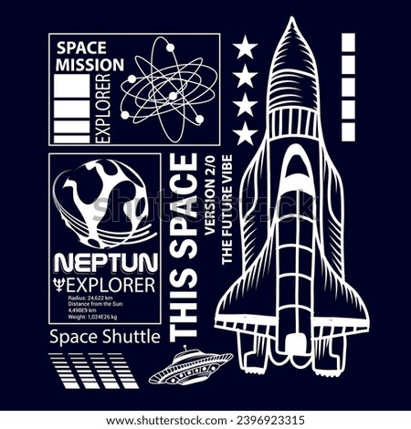 Hand drawnTypography space print with  space rockets, planets, stars. Space background