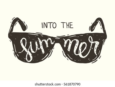 Hand drawnvector illustration of the sunglasses with the hand lettering inscription into the summer