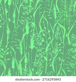 Desenhado à mão planta selvagem padrão sem emenda na cor verde. Erva do campo, timothy, aveia, orelhas de trigo, galinha, rabo de raposa, couch-grass. Fundo decorativo para o eco-produto orgânico, estilo de vida rural, design rústico.