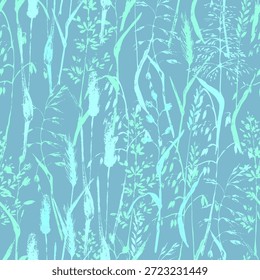 Mão desenhado planta sem costura padrão na cor azul cinza. Erva do campo, timothy, aveia, orelhas de trigo, galinha, rabo de raposa, couch-grass. Fundo decorativo para o eco-produto orgânico, estilo de vida rural, design rústico.