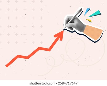 Hand draws an arrow pointing up. Modern collage style. Vector illustration