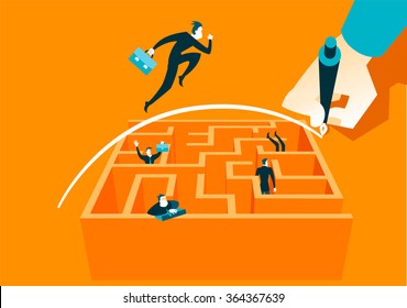 Hand draws a bridge over a maze. Vector illustration