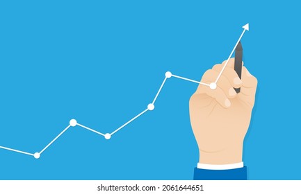 Hand draws a business graph growing up. Career growth concept on blue background. Vector illustration EPS 10