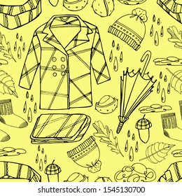 Hand draws coloring pages for children and adults. Pattern, mood autumn, yellow, autumn clothes, umbrella, chestnut, plaid, coat, hat, rain, clouds, warm socks, acorn, scarf. isolated background 