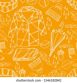 Hand draws coloring pages for children and adults. Pattern, mood autumn, orange, autumn clothes, umbrella, chestnut, plaid, coat, hat, rain, clouds, warm socks, acorn, scarf. isolated background 