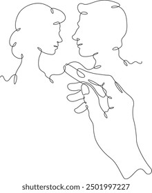 Hand draws a couple in love with chalk. Man looks at woman. Female and male profile. Lovers.One continuous line. Line art. Minimum one line. White background. One line drawing.