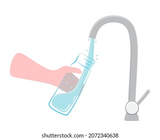 Hand draws drinking water from the tap into a glass bottle. Concept of conscious consumption. Illustration in flat style, isolated on white background.