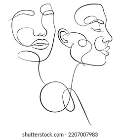 The hand draws faces with one continuous line. Fashionable Minimalism Style. Abstract portrait. Love. Couple. Vector Design For Valentine's Day Cards, Wedding Invitations, Tattoos.