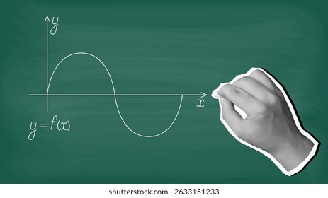A hand draws a graph of a function on a blackboard with chalk. Modern collage style. Vector illustration