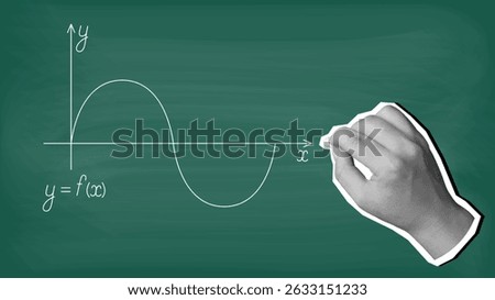 A hand draws a graph of a function on a blackboard with chalk. Modern collage style. Vector illustration