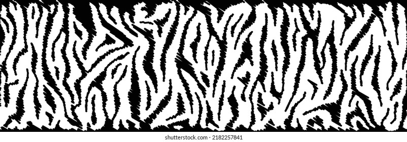 Dibuja mano que eclipsa la textura de piel de cebra. Patrón monocromo del tigre. Tapar la piel, la huella animal. Fondo transparente blanco y negro. Vector 