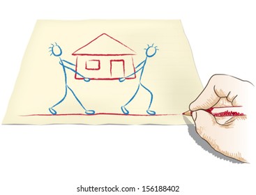 Hand draws a house, vector illustration.