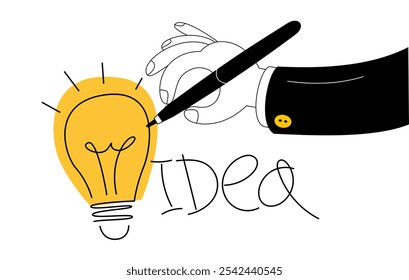 Dibuja a mano la bombilla de la idea. Ilustración vectorial en estilo de dibujos animados de esquema sobre el tema de escribir buenas ideas.