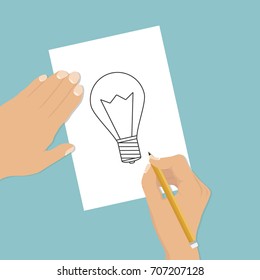 The hand draws a light bulb on a piece of paper. A painted light bulb. Flat design, vector illustration, vector.