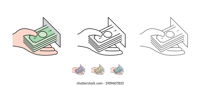 A hand draws money from the cash machine and deposits money. Paper money icon. Different colors have been added as an alternative. Icons of different thickness. Thin modern art line.