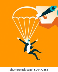 Hand draws a parachute falling man. Vector illustration