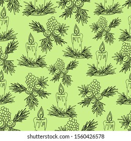 Hand draws a pattern with a cone, Christmas tree, hazelnuts, Christmas candles. green isolate, christmas antistress, christmas pattern coloring for children and adults. Design for wallpaper, wrapping