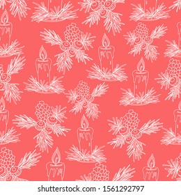 Hand draws a pattern with a cone, Christmas tree, hazelnuts, Christmas candles. white liner on pink, caramel isolate, New Year's antistress, Christmas pattern coloring for children and adults. Design 