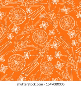 Hand draws a pattern with hot drinks of autumn, winter. Mulled wine, tea with sea buckthorn, orange, anise, cinnamon. Tea set on isolate, white liner. Design for menu, wallpaper. stock graphics.
