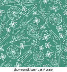Hand draws a pattern with hot drinks of autumn, winter. Mulled wine, tea with sea buckthorn, orange, lime, anise, cinnamon. isolate natural tea, white liner. Design for menu, wallpaper. stock graphics