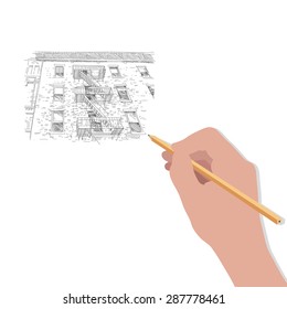Hand draws a pencil on a white background.flat vector illustration
