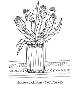 Hand draws poppy coloring book for children and adults. Beautiful drawings with patterns and small details. Still life vase with poppies, wildflowers, garden flowers. One of a series of anti-stress 