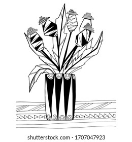 Hand draws poppy coloring book for children and adults. Beautiful drawings with patterns and small details. Still life vase with poppies, wildflowers, garden flowers. One of a series of anti-stress 