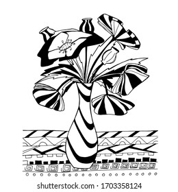 Hand draws poppy, mascara coloring book for children and adults. Beautiful drawings with patterns and small details. Still life vase with poppies, wildflowers, garden flowers. One of a series 