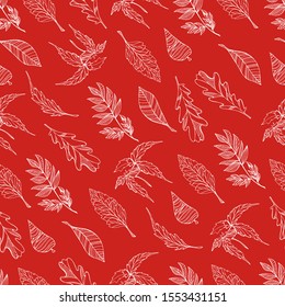 Hand draws seamless autumn pattern. Decorative white flowers, leaves of different shapes with details on the isolate. Design for textile decor, wallpaper. stock graphics Botanical holiday illustration