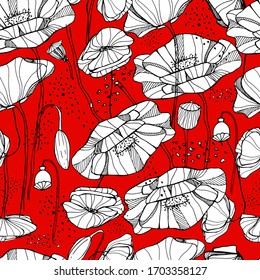 Hand draws a seamless pattern with poppy seeds. Beautiful drawings with patterns and small details. Pattern with poppies, wildflowers, garden flowers. Poppy from a different angle. For textiles, 