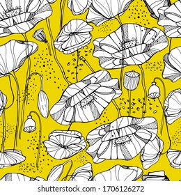 Hand draws a seamless pattern with poppy seeds. Beautiful drawings with patterns and small details. Pattern with poppies, wildflowers, garden flowers. Poppy from a different angle. For textiles, 