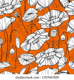 Hand draws a seamless pattern with poppy seeds. Beautiful drawings with patterns and small details. Pattern with poppies, wildflowers, garden flowers. Poppy from a different angle. For textiles, 