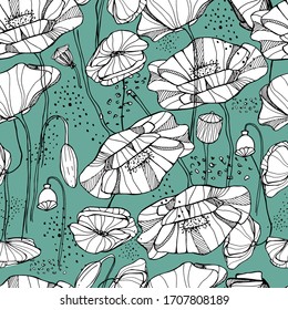 Hand draws a seamless pattern with poppy seeds and flowers. Beautiful drawings with patterns and small details. Pattern with poppies, wildflowers, garden flowers. Poppy from a different angle. For textiles.