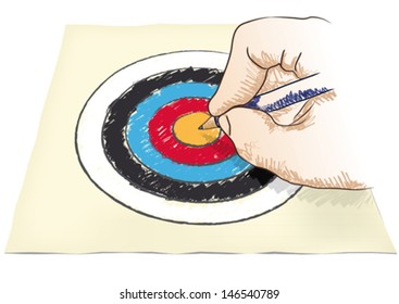 Hand draws a target, a center, vector illustration.