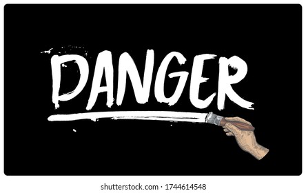 Hand draws the word "DANGER" with a brush with white paint on a black background. Vectori illustration.