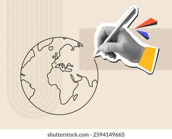 Hand draws a world globe map. Modern photo collage style. Vector illustration