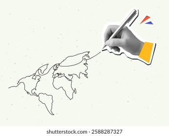 Hand draws a world map with one line. Modern photo collage style. Vector illustration