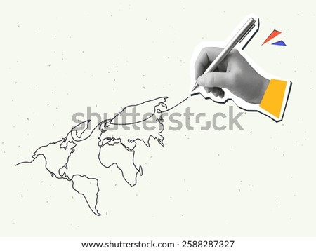 Hand draws a world map with one line. Modern photo collage style. Vector illustration